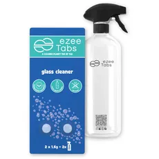 EzeeTabs Glasreiniger Bundle – Reinigungstabs für ein mikroplastikfreies, biologisch abbaubares und veganes Putzmittel – 2 x Reiniger für streifenfreien Glanz und 1 x wiederverwendbare Flasche