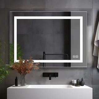 LISA LED Badspiegel mit Beleuchtung 80x60 cm, Bad Spiegel Groß badezimmerspiegel mit Touch Dimmbar Warmweiß/Kaltweiß Licht Antibeschlag Wandspiegel für Badezimmer, WC, Flur mit Steckdose
