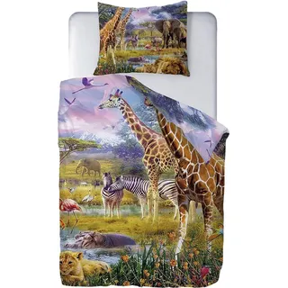 Ulticool – Bettbezug – Bettwäsche Safari Tiere Natur Giraffe Elefant – 140 x 200 cm – Kissenbezug 60 x 70 cm – für Bettdecke 1 Person Zimmer – Farbe Grün Beige
