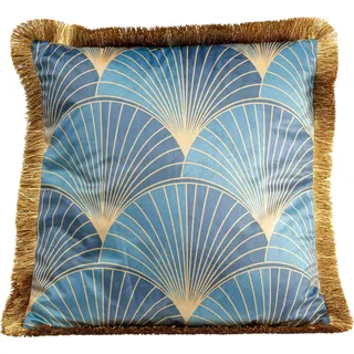 Kare Design Kissen Leaves Fringe, Blau/Gold, 45x45cm, Zierkissen, Dekokissen, Couchkissen mit Reißverschluss