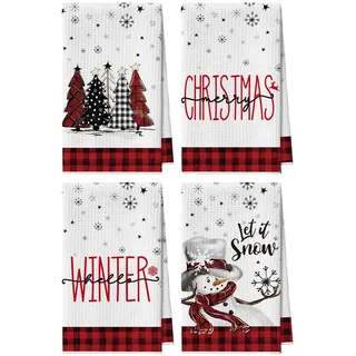 Artoid Mode Rot Schwarz Büffelkaro Schneemann Bäume Bar Weihnachten Küchentücher Geschirrtücher, 42x65 cm Mikrofaser Saugfähig Küchen Deko 4er Set