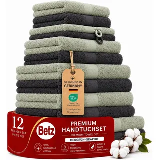 Betz Handtuch Set Premium 12-teilig 100% Baumwolle – 2 Duschtücher, 4 Handtücher, 2 Gästetücher, 2 Seiftücher, 2 Waschhandschuhe – Weiche Frottee Handtücher 470g/m2- Farbe Graphit/heugrün