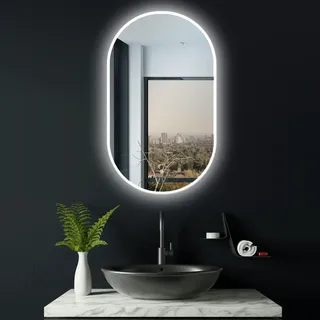 ApeJoy 75x45 cm Badspiegel mit Beleuchtung Oval, Badezimmer Spiegel Halbrunder mit LED, Wandspiegel LED Beleuchtet + Touch Schalter + Licht Wechsel-Warmweiß-Kaltweiß-Neutral