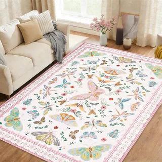 Alishomtll Teppich Läufer 160x230 cm, Rosa Vintage Schmetterling&Insekt Teppich, rutschfest Waschbar Küchenteppich, Weich Kurzflor Flurläufer für Wohnzimmer Schlafzimmer Kinderzimmer Küche Eingang