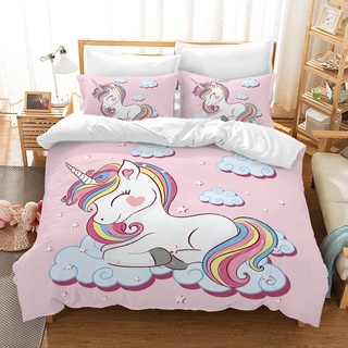 PQCXXA Kinder Einhorn Bettwäsche Mädchen-Bettwäsche Set Rosa 3D Cartoon Einhorn Bunt Blume drucken Bettbezug Set mit Reißverschluss und Kissenbezug 50x75cm (Rosa Sterne, 220x240 cm)