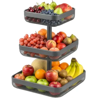 eluno 3-stöckige eckige Obstetagere/Brotkorb, Etagere, Obstschale, Obstkorb, viel Platz für die übersichtliche Lagerung von Obst, Gemüse, Brot und Snacks in Küche und Wohnzimmer aus Metall (Grau)