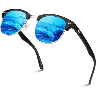 LINVO Polarisierte Retro Sonnenbrille UV400 Halbrahmen Blau Verspiegelt
