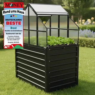 BRAST 2in1 Hochbeet mit Alu Gewächshaus-Aufsatz | Integriertes Drainage-System | wetterfest | 120x80x167cm | 4mm Hohlkammerplatten | 2 Pflanzwannen | Pflanzbeet für Balkon Terrasse & Garten
