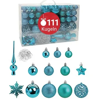 WOMA Christbaumkugeln Set Türkis & 19 weiteren Farben - 111er Weihnachtskugeln Set inkl. Metallhaken - Weihnachtskugeln Kunststoff - Weihnachtsbaum Deko & Christbaumschmuck