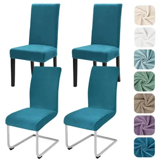Stuhlhussen 4er Set Samt Stretch Pfaublau Universalgröße Waschbar