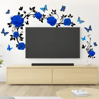 COVPAW Wandtattoo Blumenranke, Blaue Rosen mit Schmetterlingen, 86,8 x 30 cm, Wandaufkleber für Wohnzimmer Schlafzimmer Küche usw. (Blue)