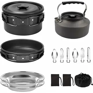 Camping-Kochgeschirr-Set, antihaftbeschichtet, leicht, Topf, Pfanne, Wasserkocher mit Edelstahlplatten und Utensilien zum Kochen im Freien, Wandern, P