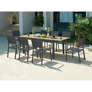 Garten-Essgruppe: Tisch ausziehbar 170/230 cm + 8 stapelbare Sessel - Aluminium & Polywood - Holzfarben hell & Anthrazit - MACILA von MYLIA