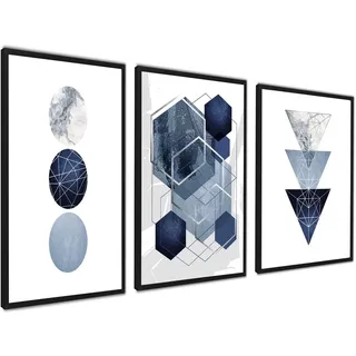 ag.art deco Poster Set Collage | Dekoration Wohnung modern | Wand-Deko Wohnzimmer Schlafzimmer | Blau-Silber | 3 Stück 50x70cm | Dreiecke und Kreise Triptychon Abstrakt | ohne Bilderrahmen