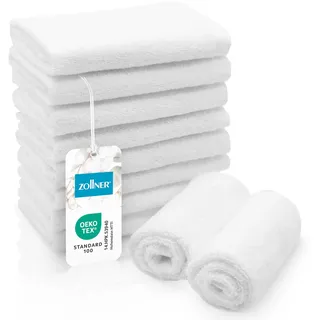 ZOLLNER 10er Set Seiftücher in 30x30 cm - saugstarke und Flauschige Waschlappen aus Baumwolle - waschbar bis 95°C - mit praktischem Aufhänger - in weiß - Hotelqualität