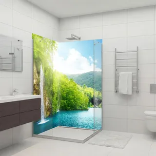 dedeco 2tlg. Eck-Duschrückwand Wasserfall V9, 90x200cm Alu 3mm classic | Wasserfeste Duschrückwand, Alu-Verbundplatte classic – fugenlos, pflegeleicht, Fliesenersatz, Made in Germany