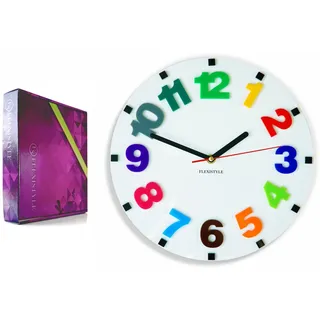 FLEXISTYLE Moderne Wanduhr für Kinder Numbers 3D, oval 30cm, leise, für Kinderzimmer, Acryl aus Italien, Made in EU
