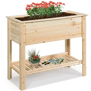 GOPLUS Hochbeet ohne Rollen, Gartenbeet mit Ablage & Abflusslöcher, Pflanzbeet aus Tannenholz für Garten & Terrasse, Natur (ohne Rollen, 92x41x81cm)