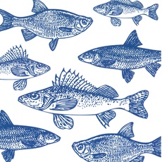 PPD Graphic Fishes Marine Servietten, 20 Stück, Tischservietten, Tissue, Blau / Weiß, 33 x 33 cm, 1331203