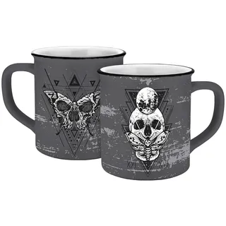 Tasse Skull mystic Emaille-Optik 400ml | Totenkopf | Halloween | mystisch | Gothic | Keramik | Kaffee | Tee | Kakao | Kaffeebecher | grau | Falter | Nachtfalter | Mond