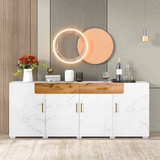 MODFU Kommode Sideboard mit 4 Türen und 2 Schubkästen, Schrank Buffet Aufbewahrungsschrank für Wohnzimmer, Schlafzimmer, Kinderzimmer, Jugendzimmer und Büro, Weiß - Weiß