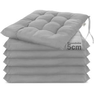 Brandsseller 6er Set Stuhlkissen 40x40x5 cm Sitzkissen Polster Stuhlauflage mit Haltebändern Dekokissen für Indoor Outdoor gesteppt - Hellgrau