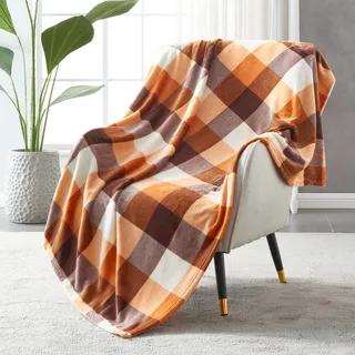SOCHOW Flanell Fleecedecke 150 × 200 cm, ganzjährig Orange Karierte Decke für Bett, Couch, Auto