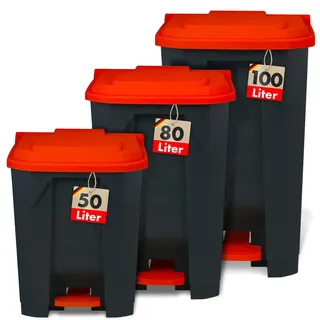casa pura Mülltonne, Mülleimer 80 Liter, roter Deckel, Abfalleimer für Küche und Büro, Mülltrennsystem, Tretmülleimer mit Step-On-Mechanismus, Papierkorb Olaf