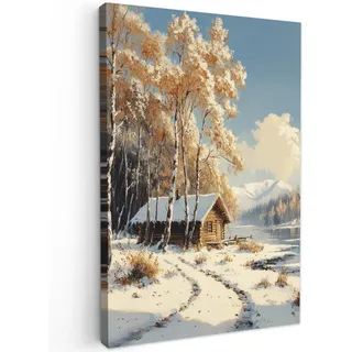 MuchoWow Leinwandbild Winter - Schnee - Zuhause - Natur Wanddeko Schlafzimmer 60x90 cm , Hellbraun , Textil , Kiefer , Abstrakt , Rechteckig , 60x90 cm , FSC 100% , gerahmt , Bilder & Rahmen, Bilder, Leinwandbilder