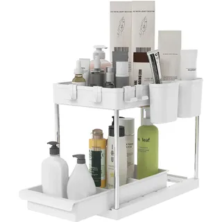 Mondeer Unter Waschbecken Regal, Unter der Spüle, 2-Ebenen, mit 4-Haken und 2-Hängenden Tassen, Geeignet für Büro, Küche, Badezimmer, B22 x T40.7 x H32.5cm, Weiß