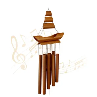 Relaxdays Windspiel Bambus, Klangspiel Segelboot-Design, Hängedeko draußen & drinnen, HBT: 72x20x6 cm, Windorgel, braun