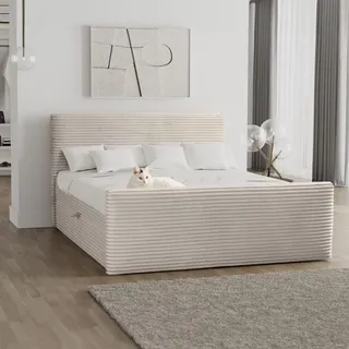 kaiser möbel Boxspringbett mit bettkasten und topper Trento stoff Plüsch Cord Ecru H3-Bonell - Creme