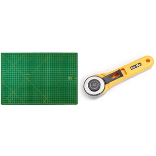 Prym 611382 Schneideunterlage cm/inch-Einteilung, 90x60cm & Rollschneider Maxi Olfa- Rollenschneider, Ø 45 mm, 1 Stück