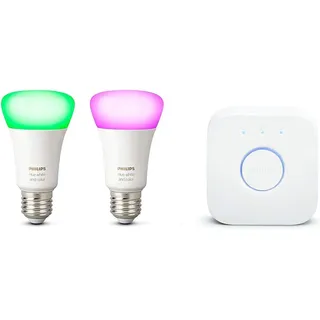 Philips Hue White & Color Ambiance 2er E27 LED Starter Set inkl. Hue Bridge, bis zu 16 Mio. Farben, steuerbar via App, kompatibel mit Amazon Alexa (Echo, Echo Dot)