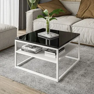 Couchtisch NOVA mit Ablage Weiß/Schwarz Hochglanz, Weiß / Schwarz Hochglanz