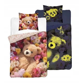 DETEXPOL Linen Bettwäsche Teddybär in Blumen, glänzende Baumwolle, 140/200, 70/80 cm - Rosa