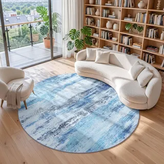 Homaxy Modern Abstrakt Wohnzimmer Teppich Rund 180 x 180 cm Blau | Kunstwolle Kurzflor Teppiche, Weich Rutschfest Pflegeleicht, Waschbarer Teppich für Kinderzimmer, Schlafzimmer, Esszimmer