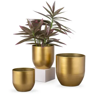 3er Set Blumentöpfe aus verzinktem Stahl perfekt für Moderne Dekoration und Pflanztöpfe, Dekorativen Zink Töpfen drinnen und draußen,16.5cm/13.5cm/12cm, Gold