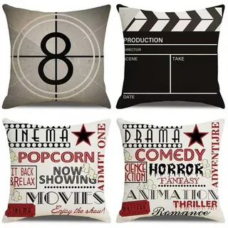 Trlyane Dekorative Kissenbezüge für Kinoliebhaber, 4er Set, Leinen mit doppelseitigem Druck, Vintage-Stil, für Wohnzimmer, Heimkino, Schlafzimmer, 45x45 cm