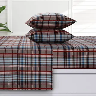 Tribeca Living Brentwood Plaid Bettlaken-Set, 170 g/m2, Flanell, extra tief, für King-Size-Bett, Braun