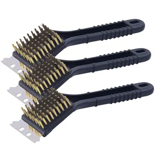 PEARL Grillbürste: 3er-Set 2in1-Grill-Reinigungs-Bürsten, Messing, mit Edelstahl-Schaber (BBQ-Grill-Bürste, BBQ Metallbürste, messingdrahtbürste)