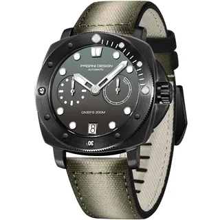 Pagani Design 1767 Quadratische Automatikuhr, Herren, selbstaufziehendes Nylonband, 200 m wasserdicht, Sport-Militäruhr mit Gangreserve-Zifferblatt, schwarz grau, Modern