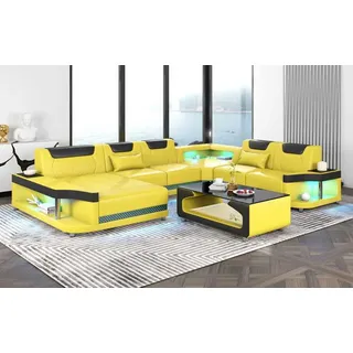 Großes Sofa Wohnlandschaft LED XXL U Form Ecksofa Ledersofa Gelb - Gelb