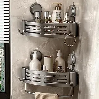 Voldra Duschablage Ohne Bohren, Duschregal Ecke Saugnapf Badezimmer Regal Wand Duschkorb mit Handtuchhalter Eckregal Bad Ablage Dusche Metall Regal Duschkorb Ohne Bohren(2 Stück, Grau) - Grau