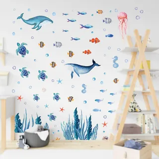 milaosk Wandtattoo Unter Dem Meer Wandaufkleber Aufkleber Fische | Wandsticker Whale Seetang Delphin Fish Meeresschildkröte Seetang Qualle Unterwasserwelt für Badezimmer Kinderzimmer