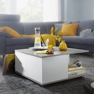 FineBuy Design Couchtisch Zementgrau / Weiß 70x70 cm Wohnzimmertisch mit 2 Schubladen Sofatisch mit Rollen Tisch mit 2 Fächern - Grau