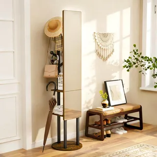 MODFU Multifunktionaler Garderobenständer mit Ganzkörperspiegel,360° Drehbarer Garderobe mit mit Haken,Freistehender Kleiderschrank,Vintage-Braun