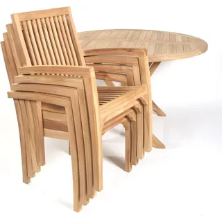 Teako Design Teakholz Gartenmöbel Set Salerno + Como - 4 Stapelstühle + runder Klapptisch aus FLEGT-Teakholz (80 cm Breit)