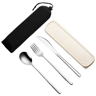 VANRA 3 Stück tragbares Reisebesteck Set mit Koffer 18/8 Edelstahl Besteck Set Wiederverwendbares Besteck Set mit Gabel Löffel Messer für Mittagessen Reisen Camping Schule Arbeit Picknick (Silber)
