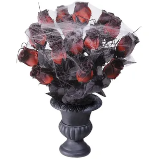 w widmann milano party fashion 7868R - Rosenstrauß Rot mit Spinnennetz, 15 Stück, Dekoration, Halloween, Mottoparty